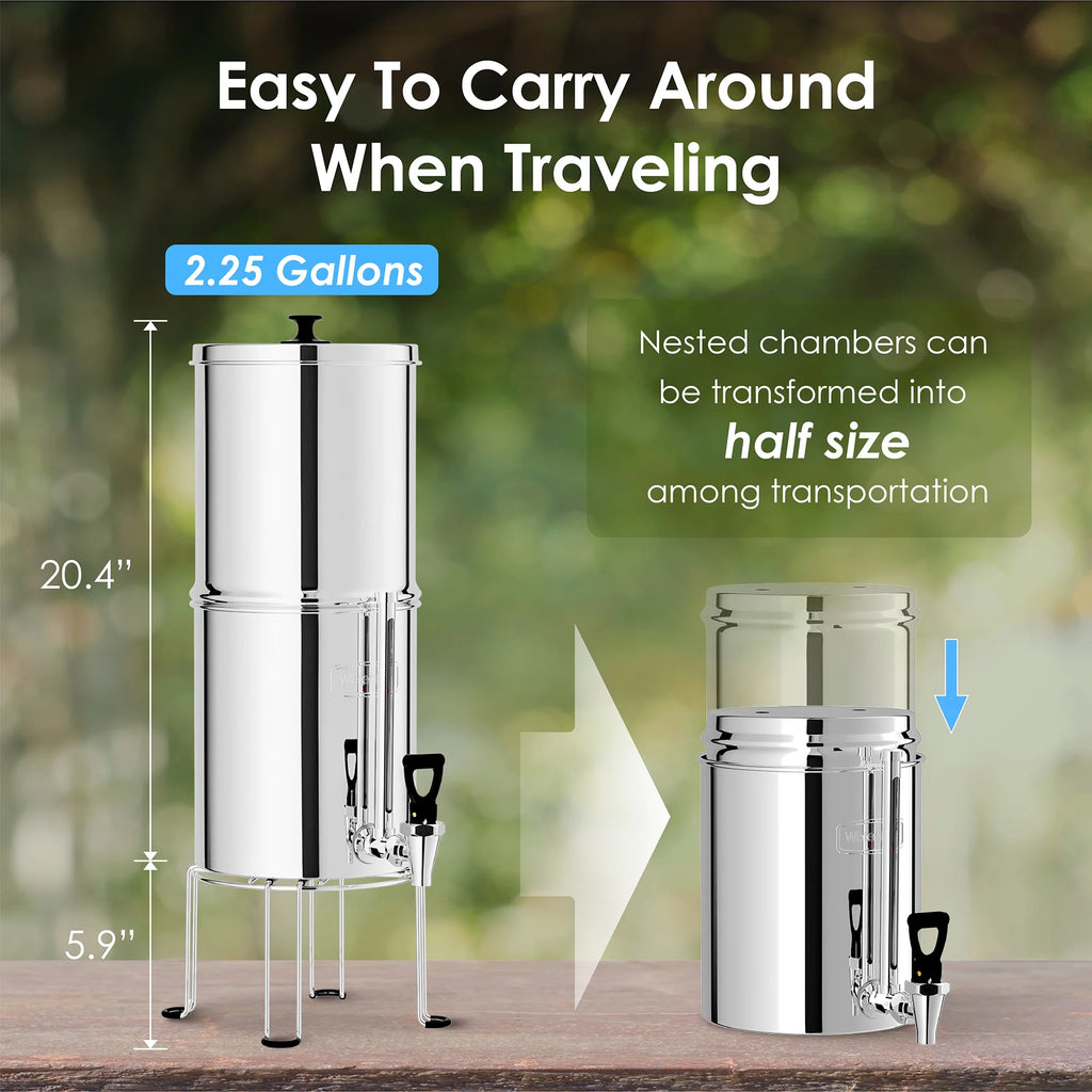 Stainless-steel Gravity-fed Water Filter System with 2 Filters and Stand U85391