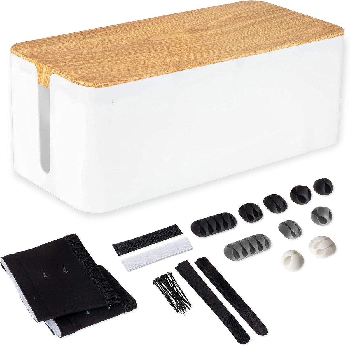 Cable Management Box with Dark Wood Top and White Cord Organizer W114