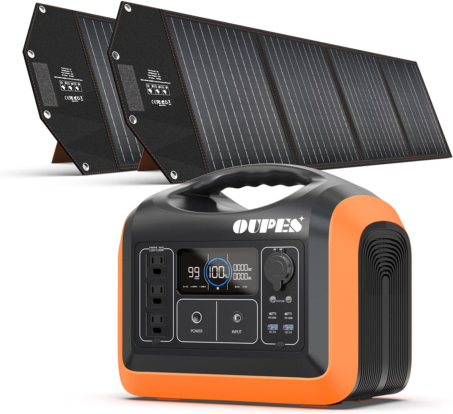 1200W Solar Generator with 2 X100W Solar Panels, 992Wh Portable Power Station LiFePO4 Battery w/ 3 X 110V AC Outlets C79360