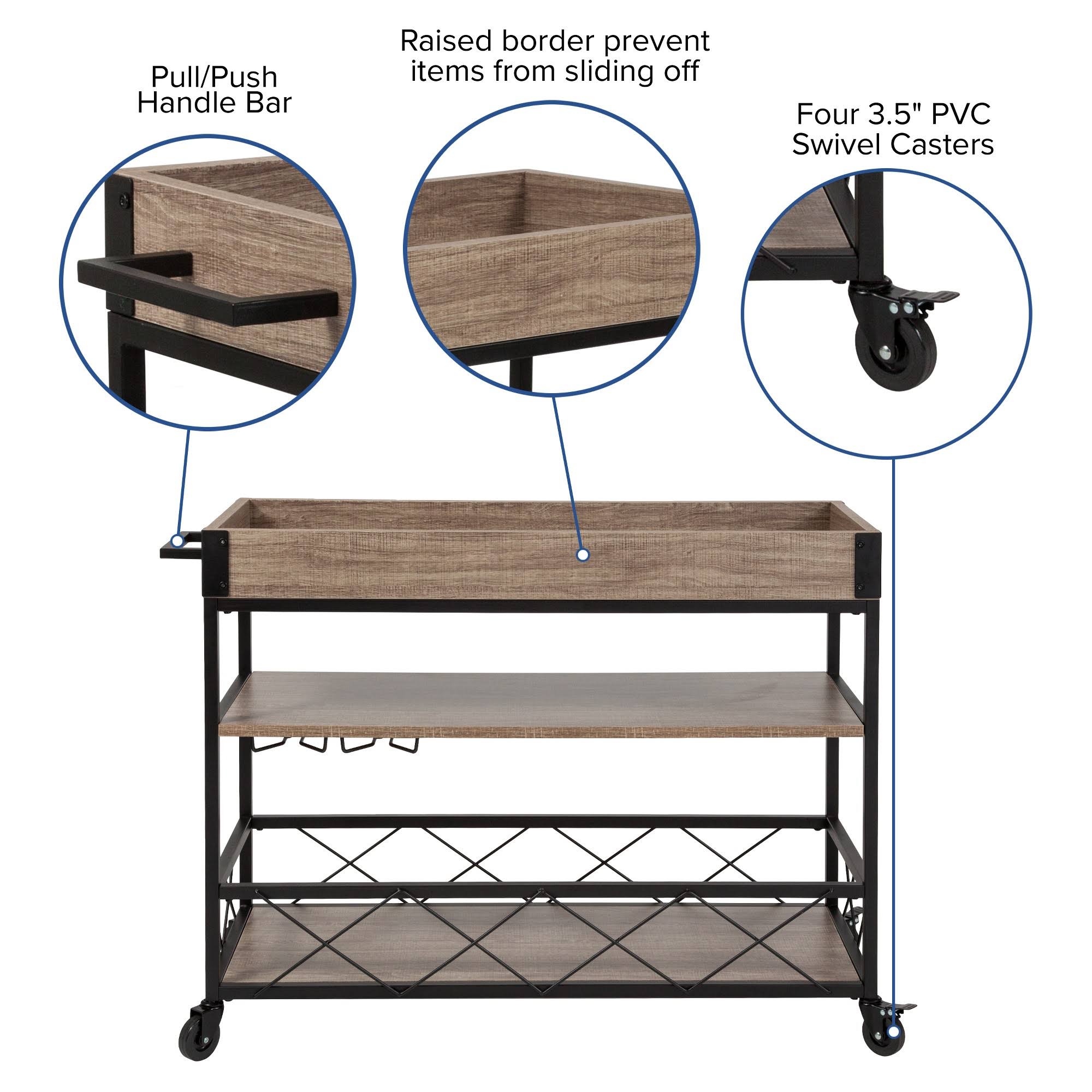 Light Oak Wood Kitchen Bar Cart with Stemware Rack and Locking Casters I6458