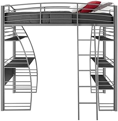 Gray Metal Frame Twin Loft Bed with Desk and Bookcase J7309
