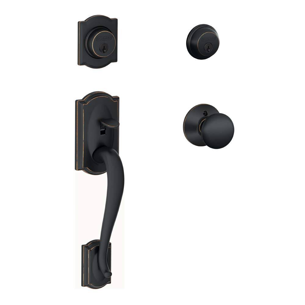 Aged Bronze Double Cylinder Handleset with Plymouth Interior Knob R111598