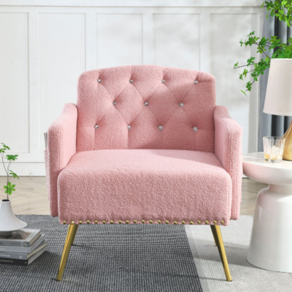 Pink Teddy Upholstered Chesterfield Chair with Gold Hardware Legs J96052