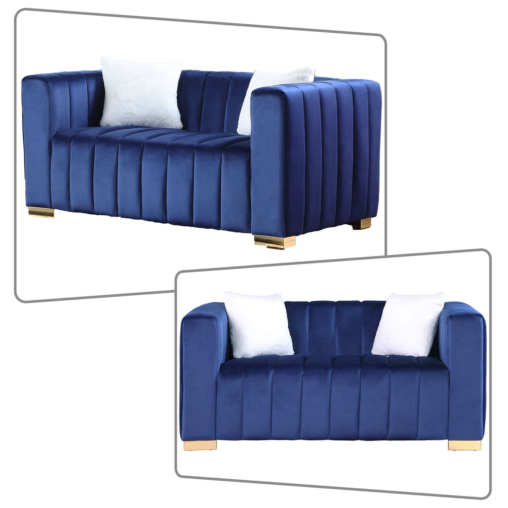 Navy Blue Velvet Upholstered Loveseat Sofa with Metal Legs N51498