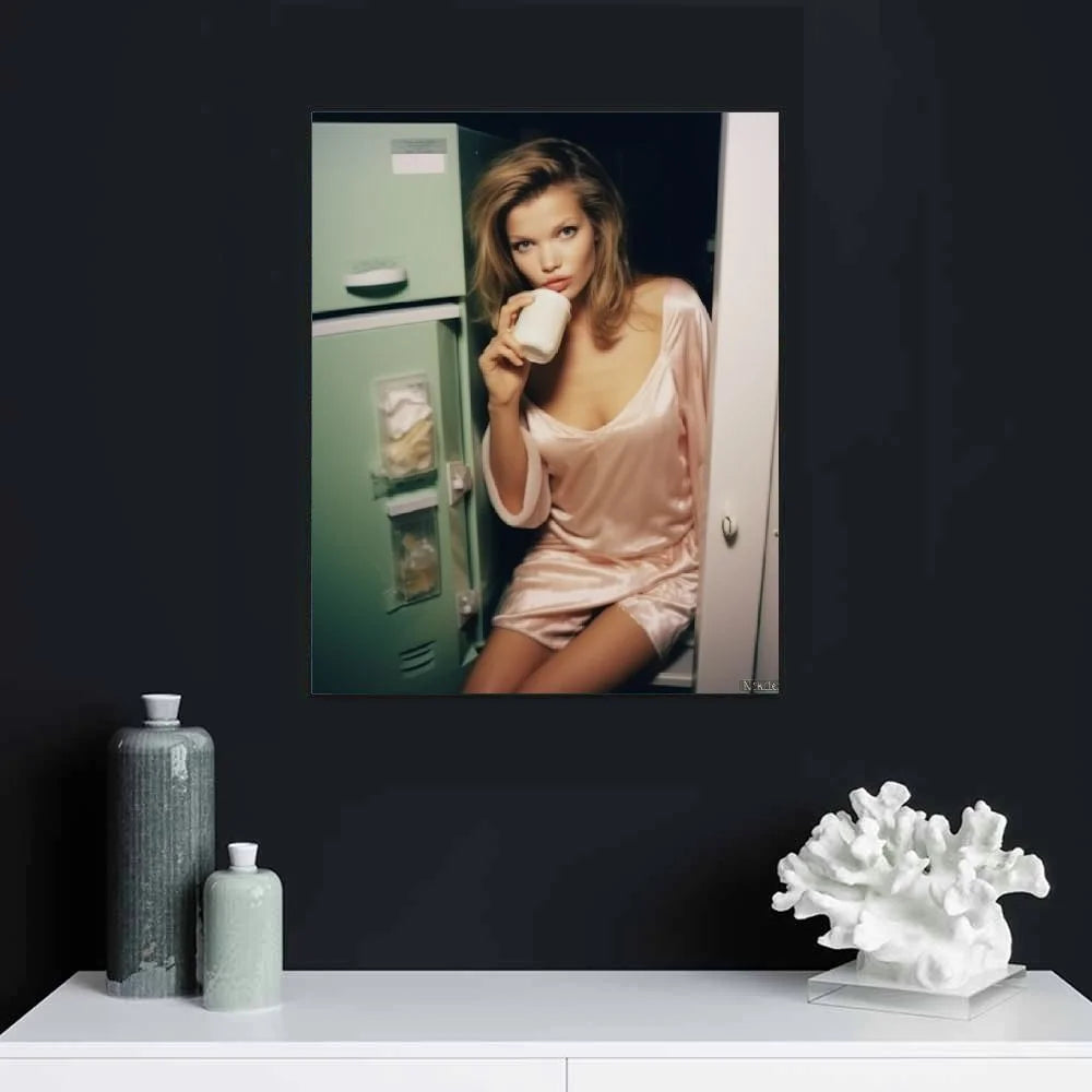 Kate Moss Kneeling in Front of Fridge with Milk Bottle Wall Art Poster Canvas Painting X825944