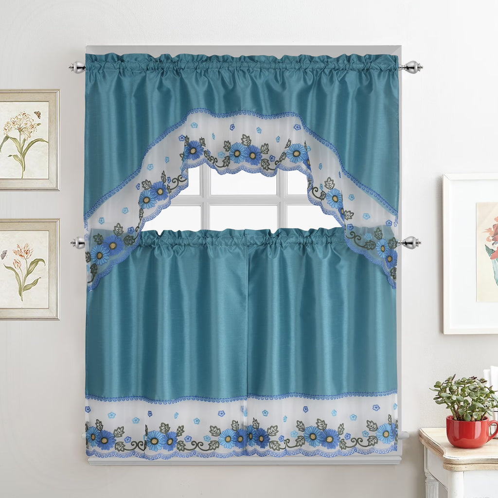 Turquoise Embroidered 3-Piece Kitchen Curtain Tiers & Swag Set, 58x36 & 28x36 inches K728920