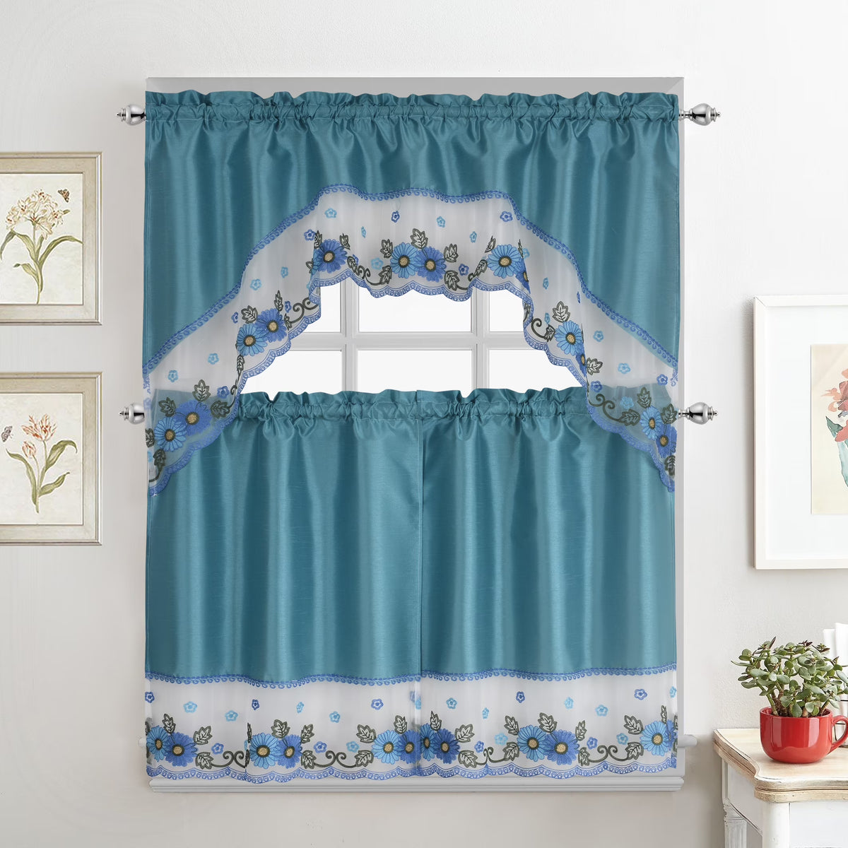 Turquoise Embroidered 3-Piece Kitchen Curtain Tiers & Swag Set, 58x36 & 28x36 inches K728920