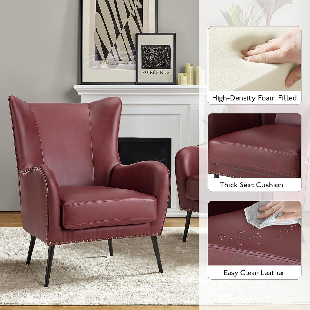 Burgundy Faux Leather Accent Chair Set of 2 with Removable Cushion G3074