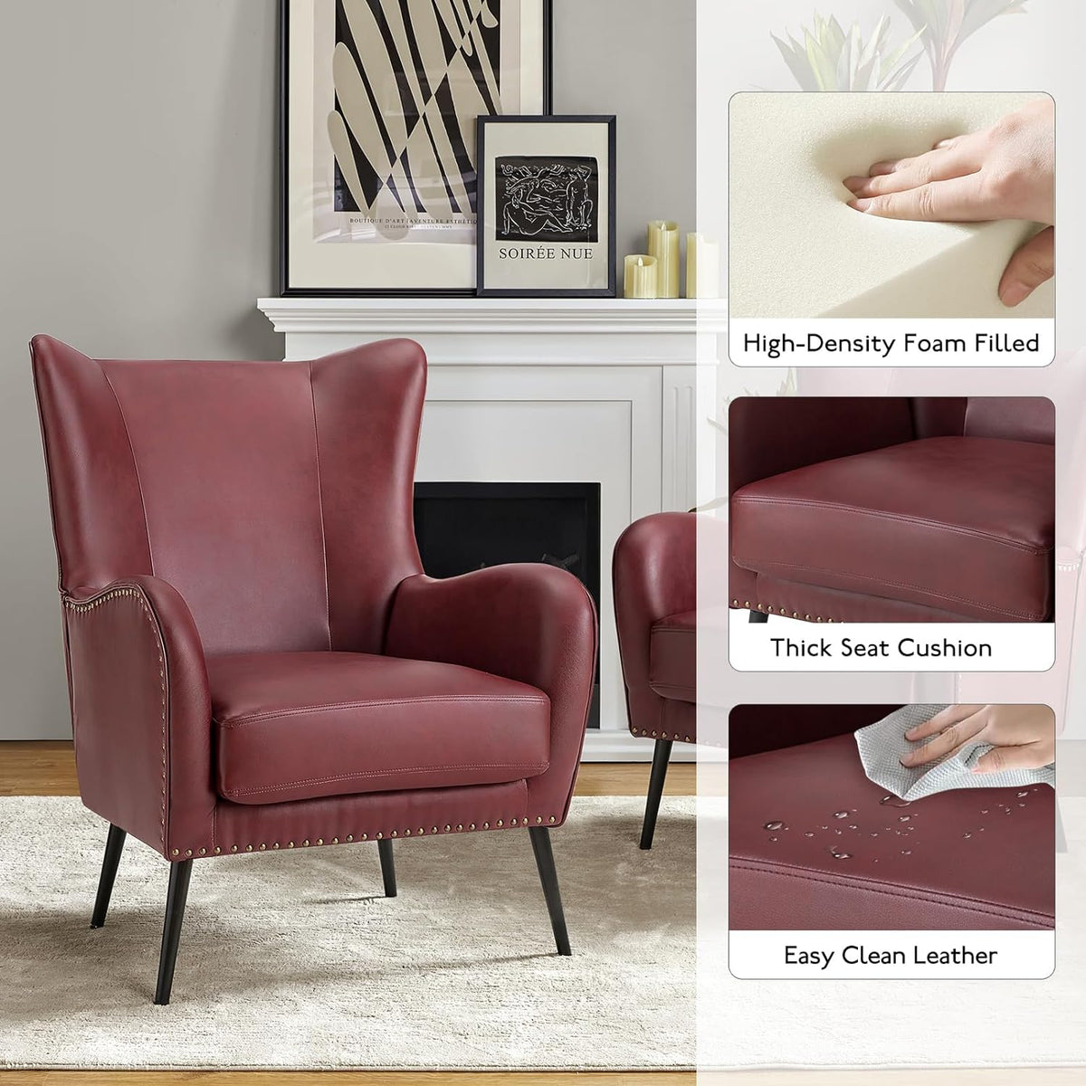Burgundy Faux Leather Accent Chair Set of 2 with Removable Cushion G3074
