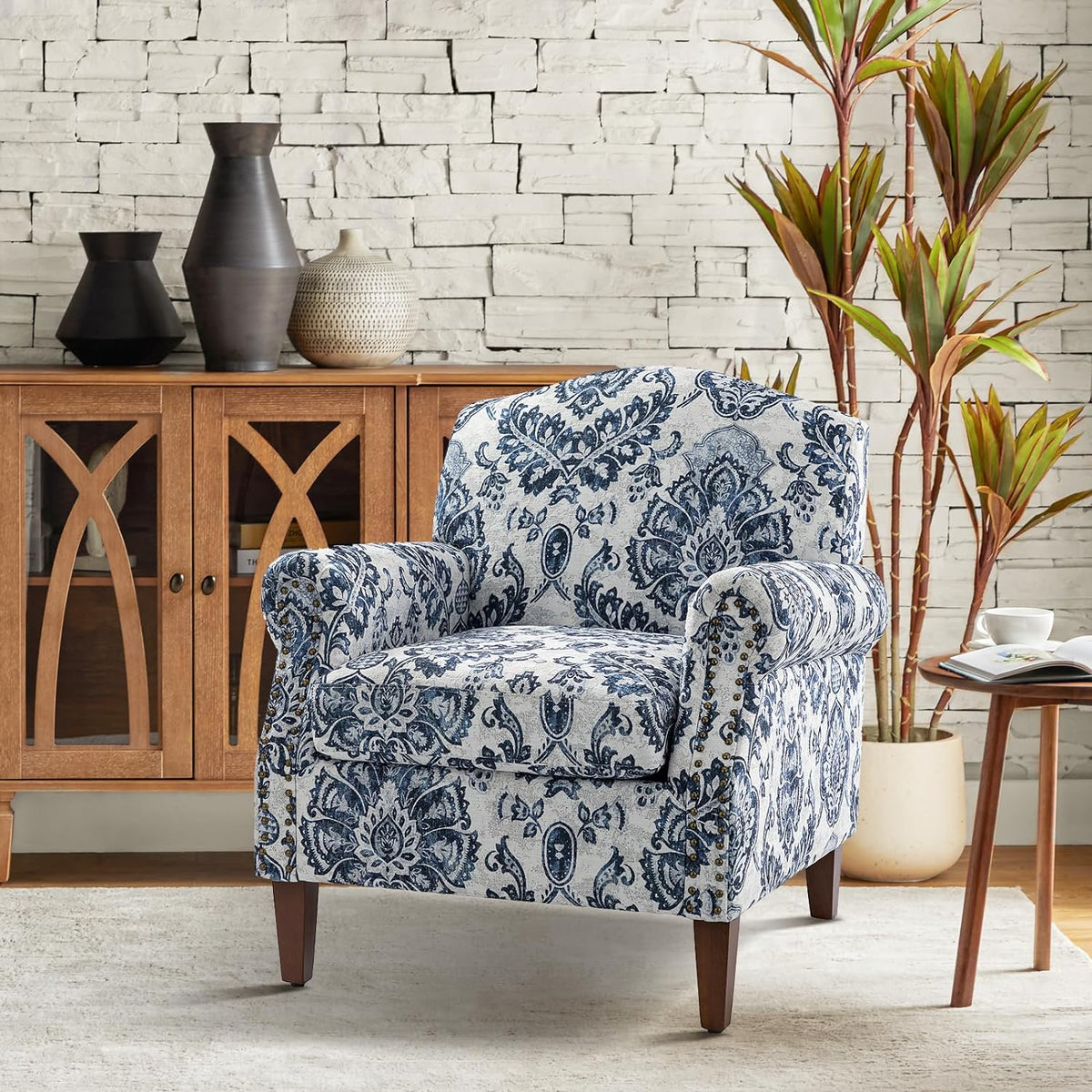 Navy Accent Chair with Wood Legs and Removable Cushion H8112