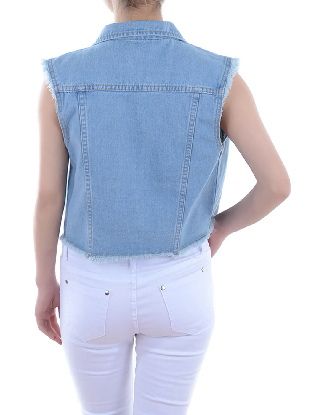 Distressed Denim Button Up Sleeveless Crop Vest Y248584