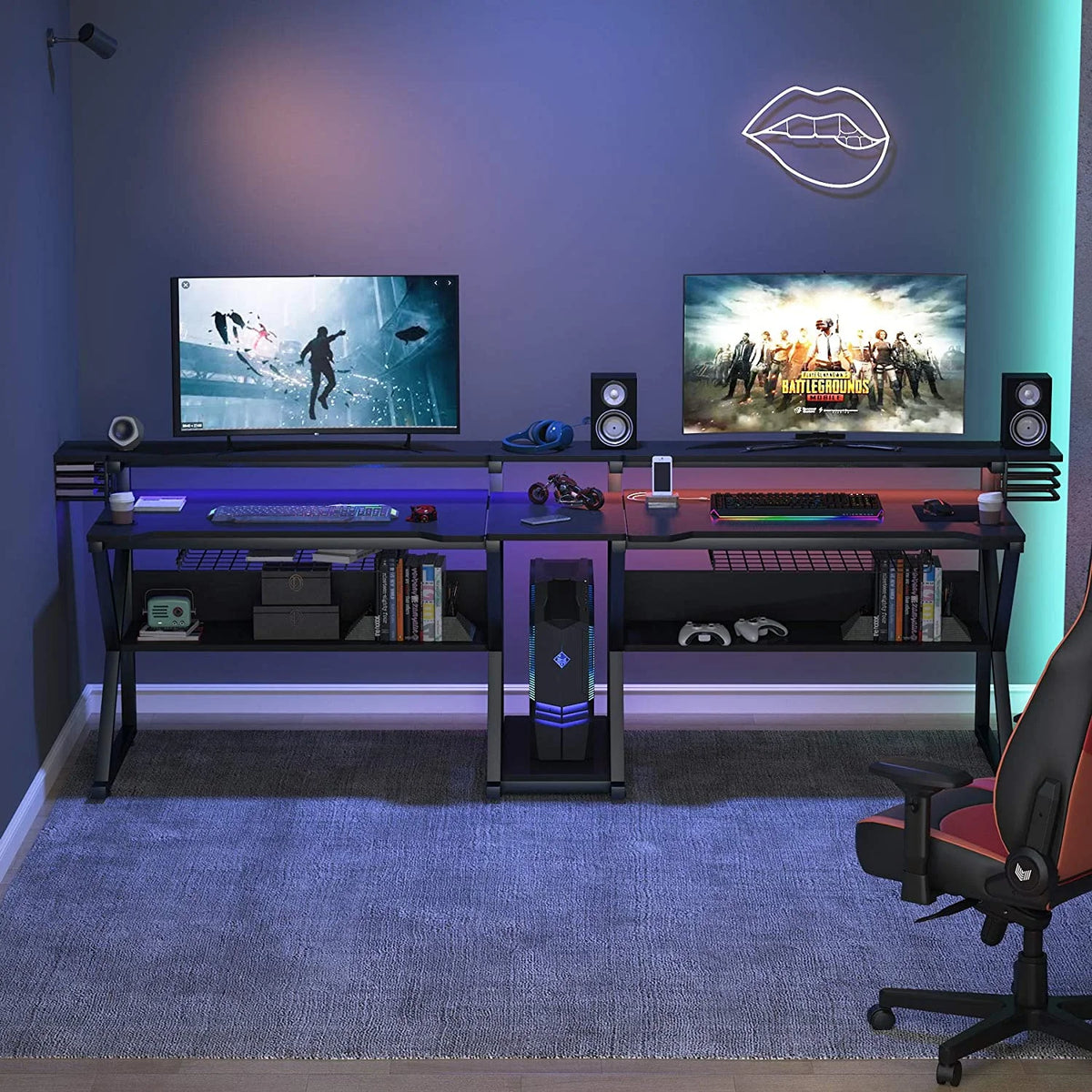 Double Gaming Desk with Hutch Monitor Stand Riser, 102-Inch Two Person Computer Desk with Storage Bookshelf B4359