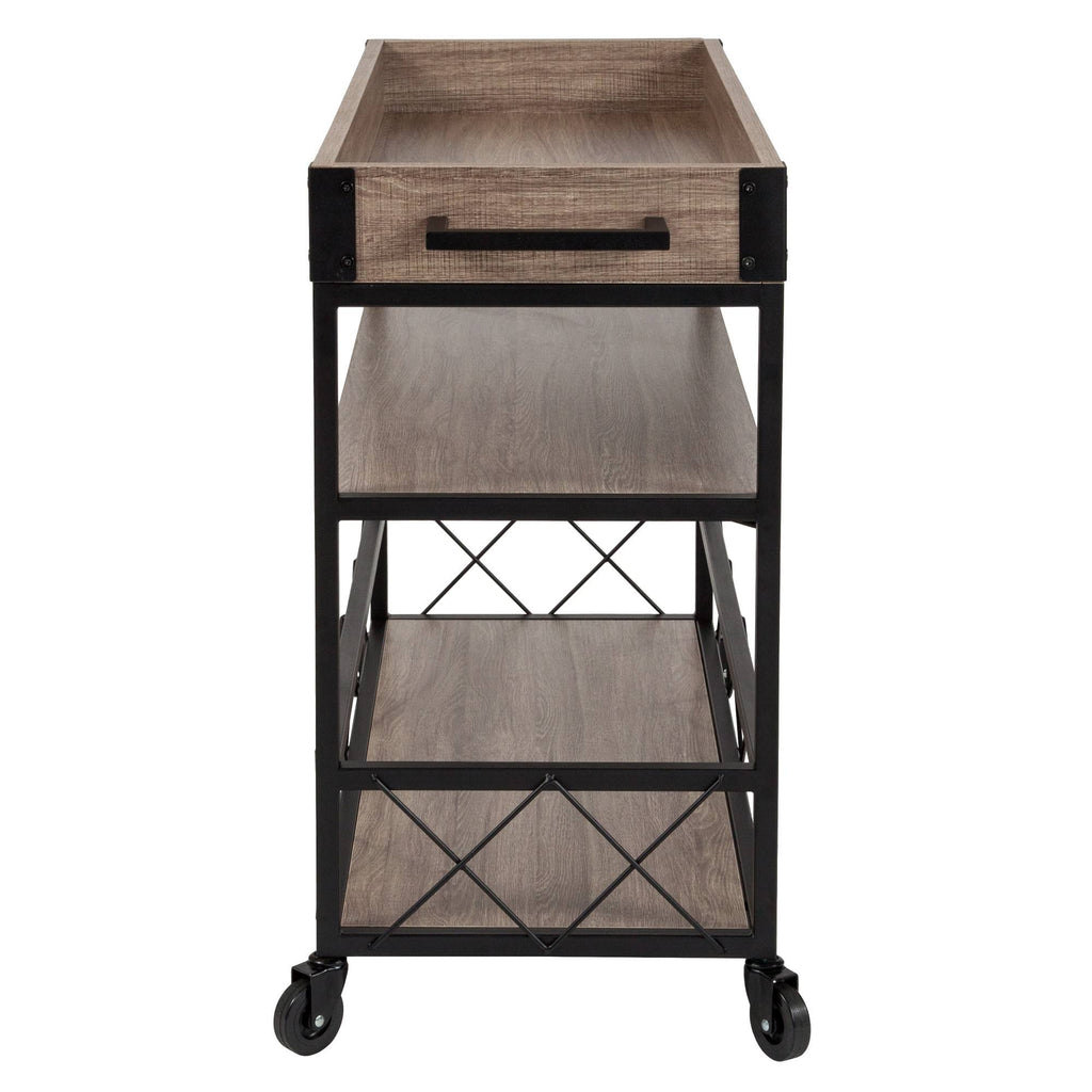 Light Oak Wood Kitchen Bar Cart with Stemware Rack and Locking Casters I6458
