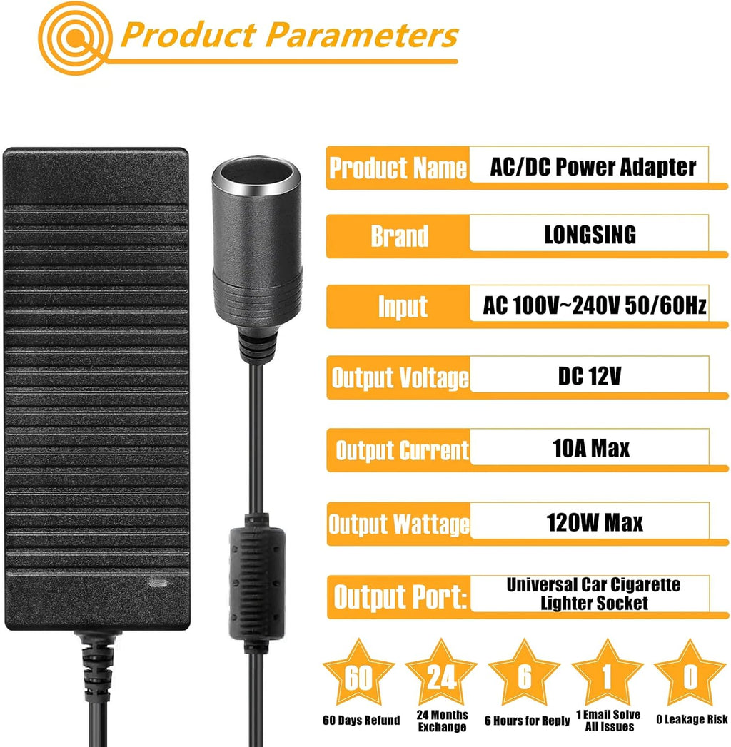 12V Car Plug to Wall Plug Adapter 10A, 100V~240V to 12V 120W Cigarette Lighter Adapter T23930
