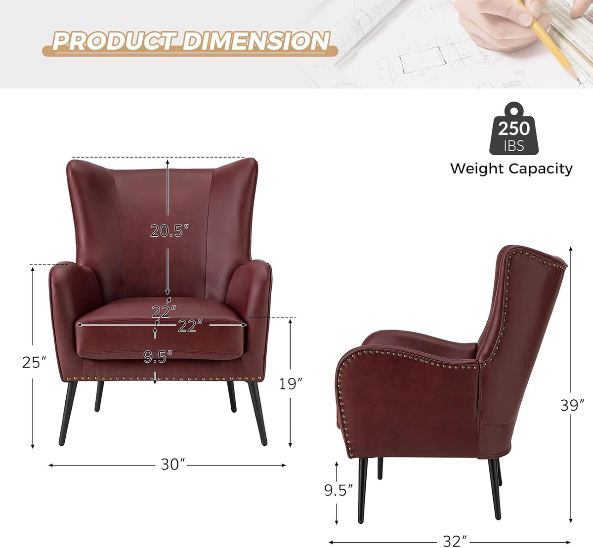 Burgundy Faux Leather Accent Chair Set of 2 with Removable Cushion G3074