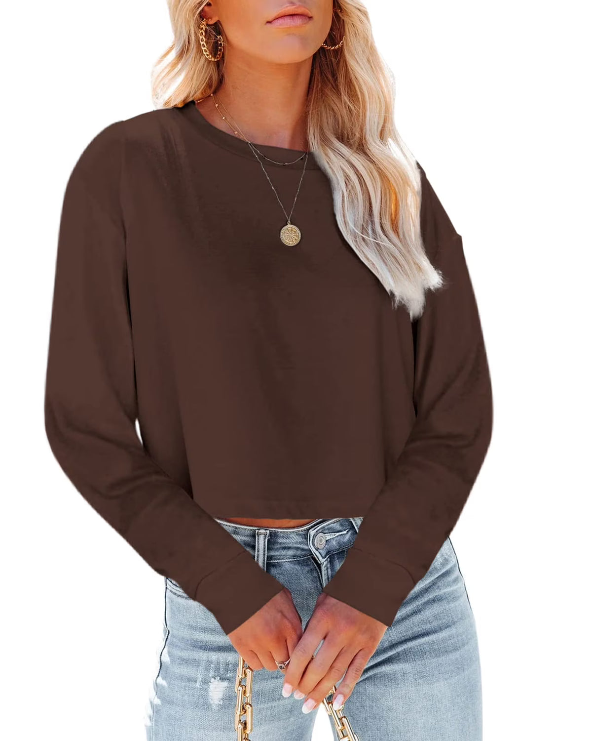 Women Long Sleeve Cropped T-Shirts Solid Tops S-2XL A53629