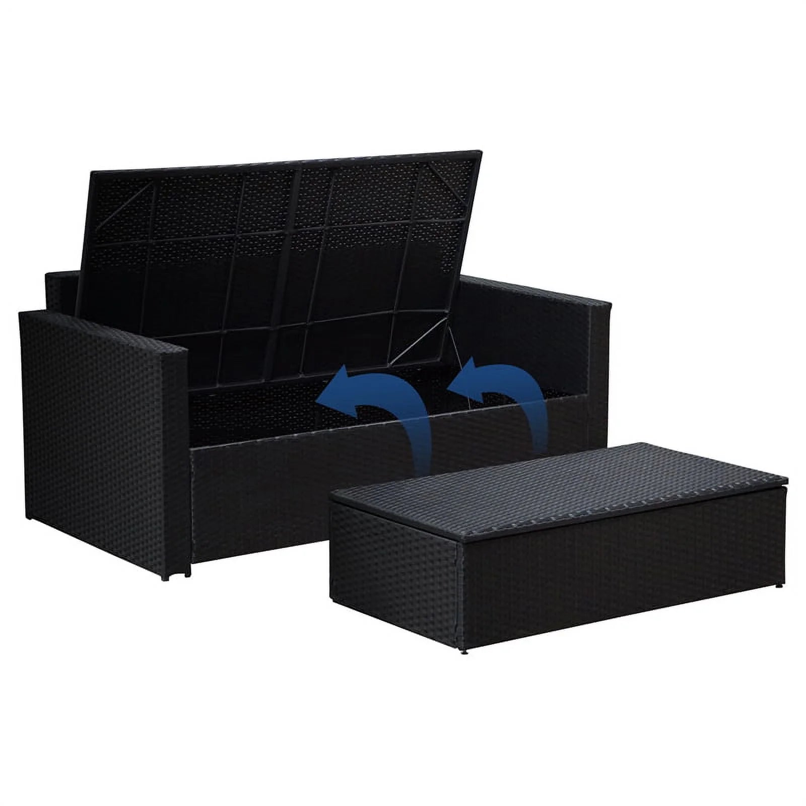 Black Wicker Outdoor Storage Sofa and Coffee Table L981473