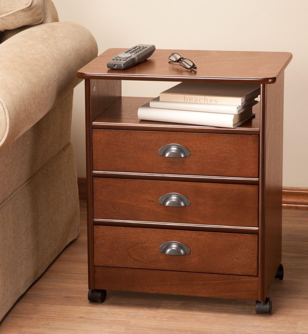 3-Drawer Wooden Rolling End Table with 3 Sliding Drawers W586