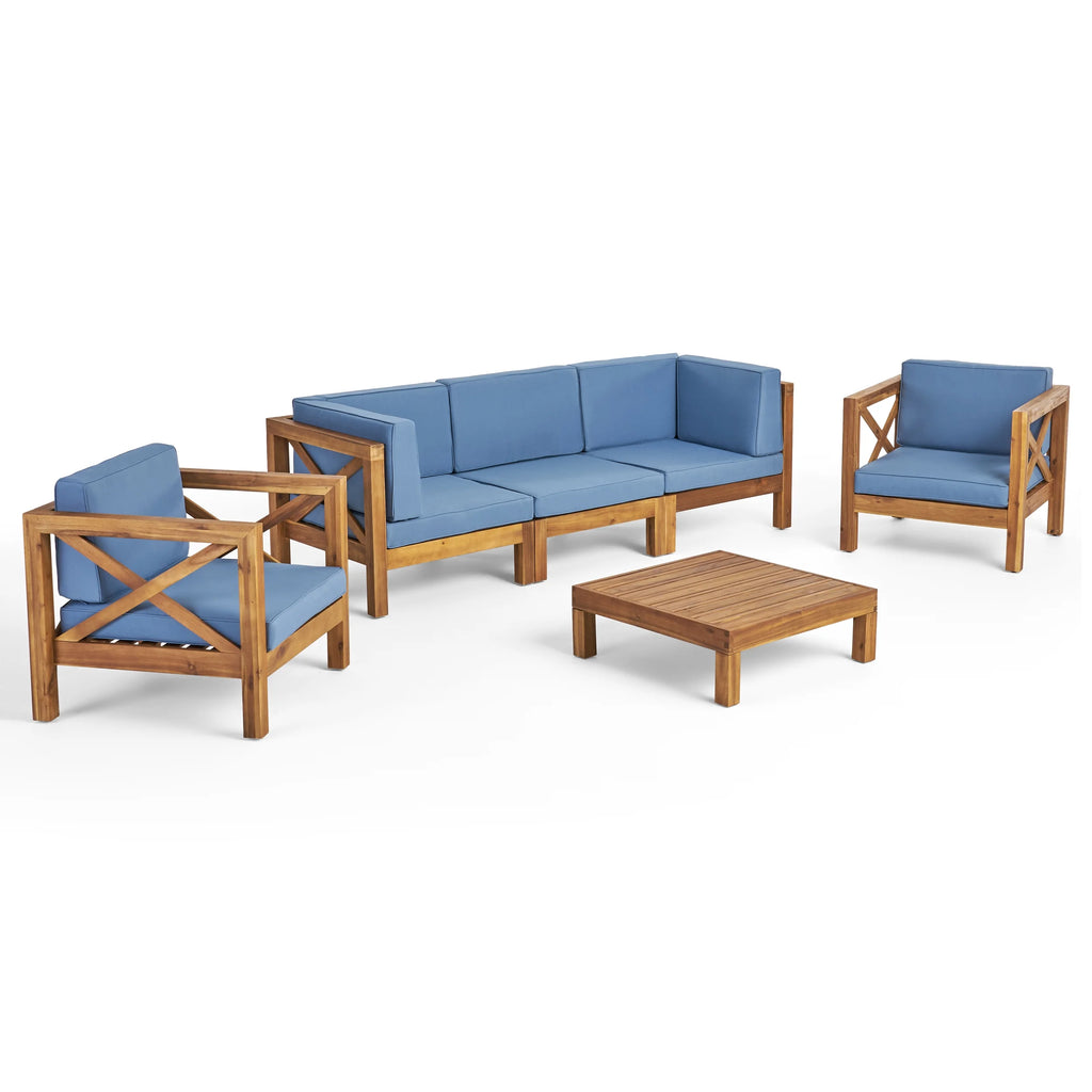 Teak and Blue Acacia Wood 5 Seater Sofa Chat Set X61835