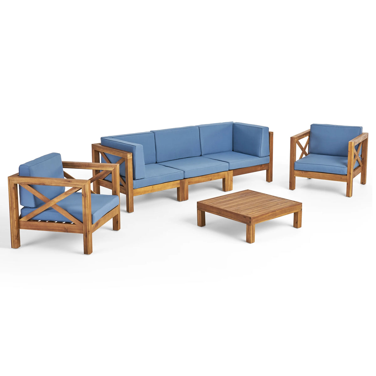 Teak and Blue Acacia Wood 5 Seater Sofa Chat Set X61835