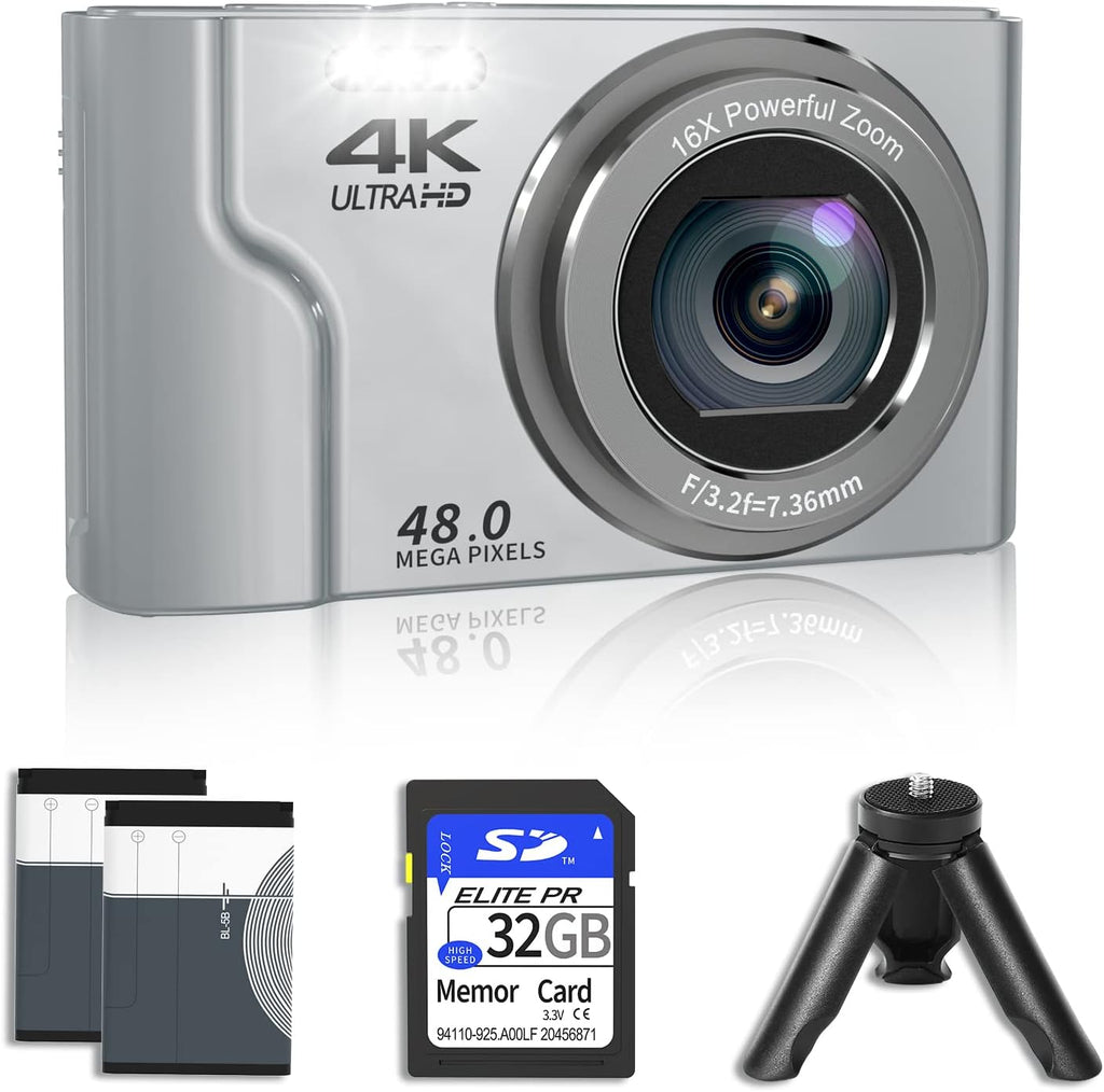 4K 48MP Mini Digital Camera with 2 Batteries, 32GB SD Card, Tripod, Black, Pack of 2 G835