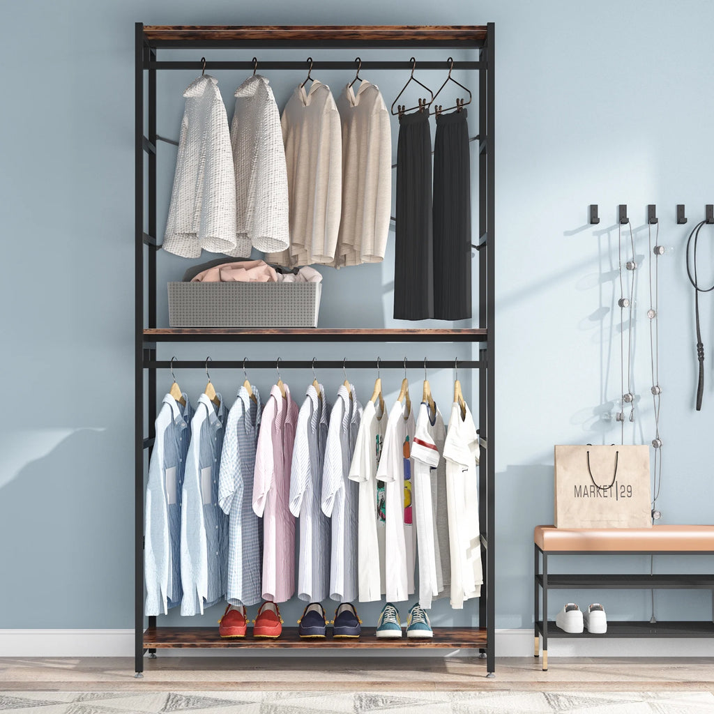 86 inches Double Rod Closet Organizer, Freestanding 3 Tiers Shelves Garment Racks U49108