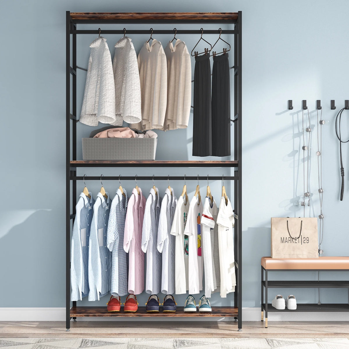 86 inches Double Rod Closet Organizer, Freestanding 3 Tiers Shelves Garment Racks U49108