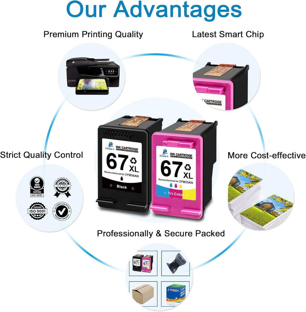 Remanufactured Ink Cartridge Pack of 2 (1 Black 1 Tri-Color) for HP 67 67XL Printer D8348
