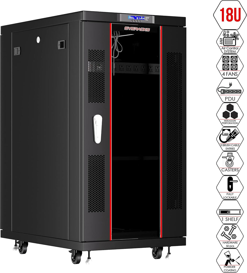32U 39-Inch Deep Server Rack Cabinet with LCD Screen, Thermostat, PDU, Casters, 4 Fans, Shelf E4417