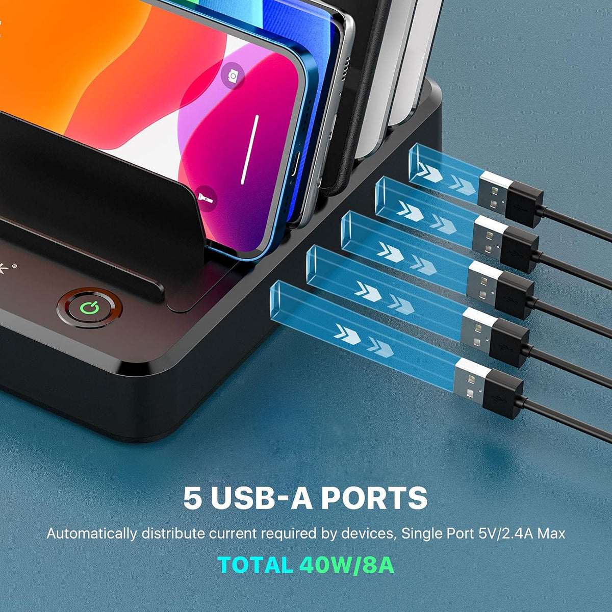 5 Ports Charging Station with 6 Mixed Charging Cables, Pack of 2 T818