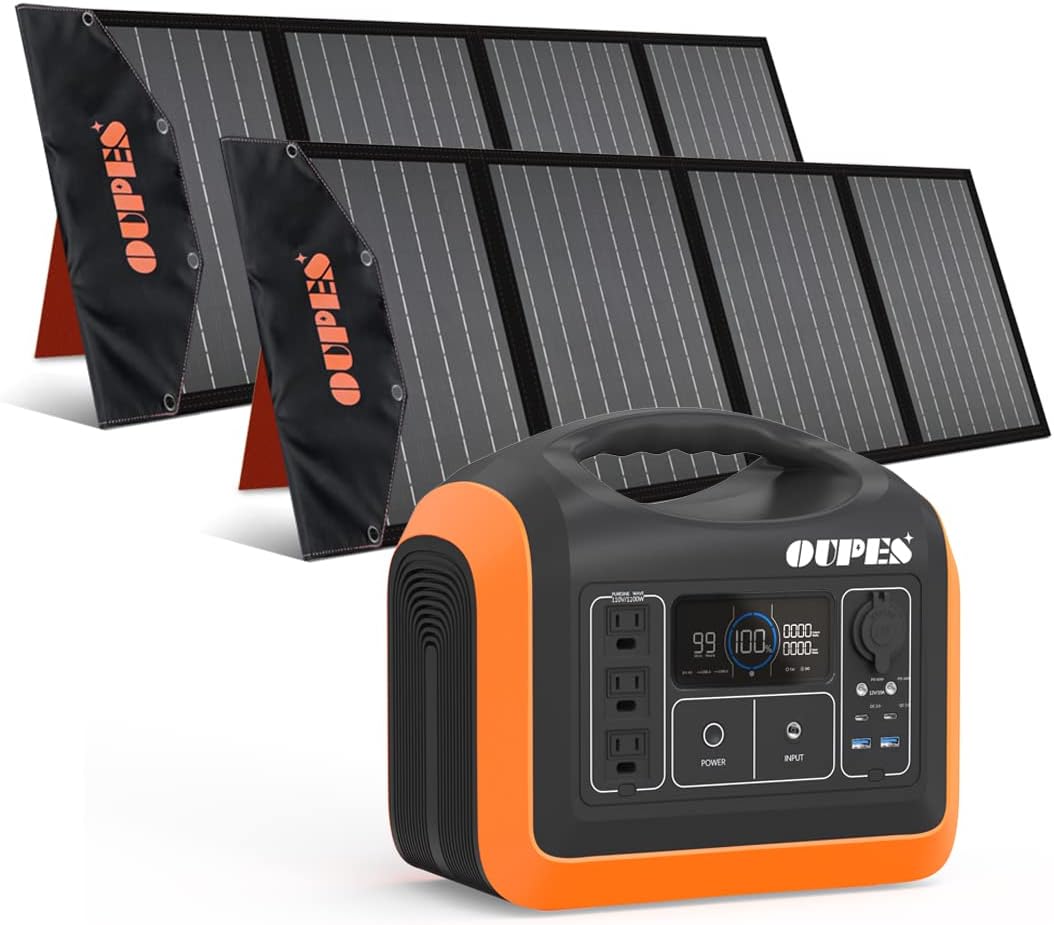 1200W Solar Generator with 2 X100W Solar Panels, 992Wh Portable Power Station LiFePO4 Battery w/ 3 X 110V AC Outlets C79360