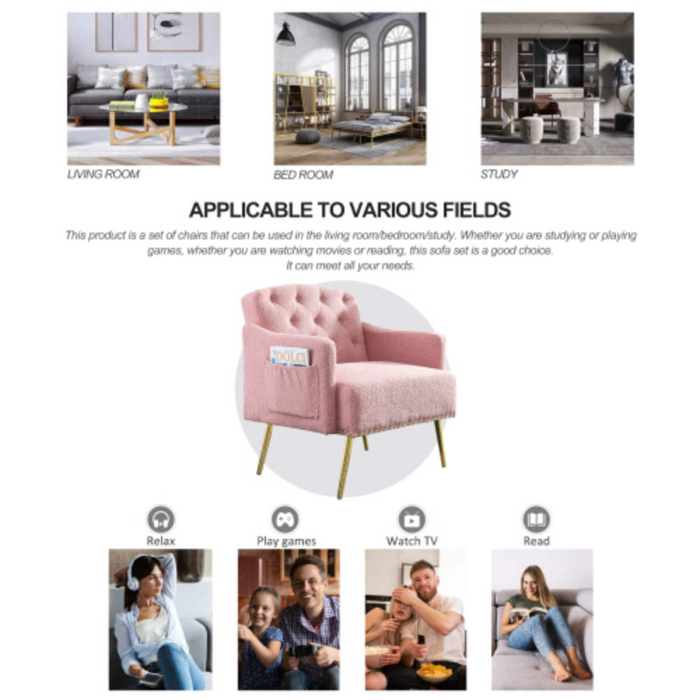 Pink Teddy Upholstered Chesterfield Chair with Gold Hardware Legs J96052