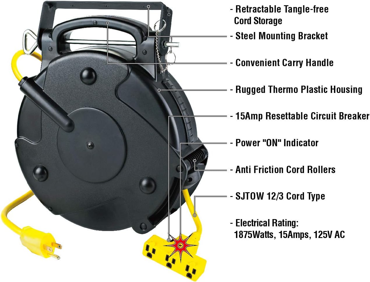 Heavy Duty Industrial Retractable Extension Cord Reel, 50 ft, Black, Yellow M188671