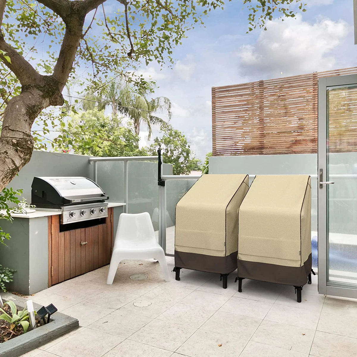 45" Patio Stacked Chair Cover, 600D Oxford Fabric Waterproof with Straps, Large Air Vents, Brown & Khaki R9337