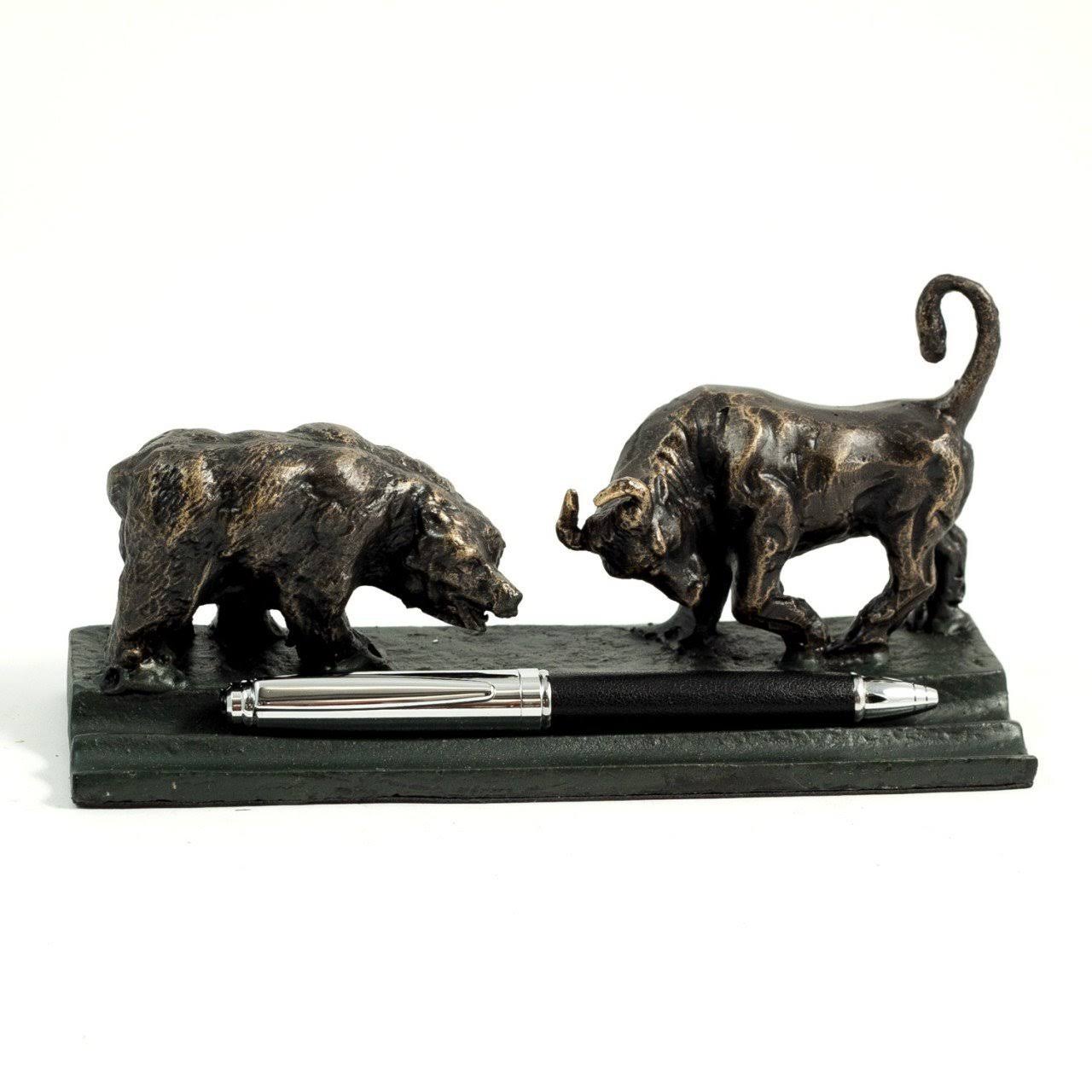Cast Metal Bull & Bear Double Pen Holder N766