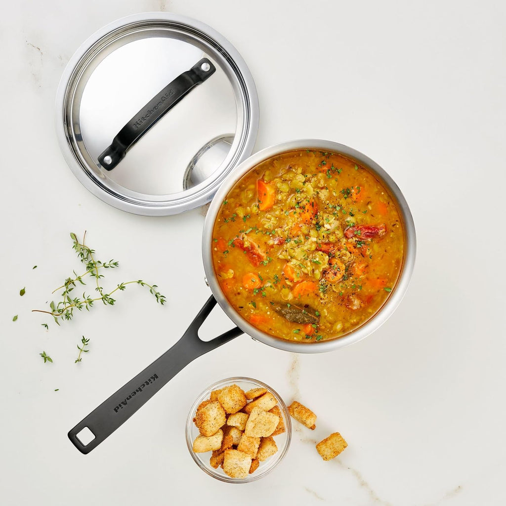 5-Ply Clad Polished Stainless Steel Saucepan with Lid, 3 Quart D509
