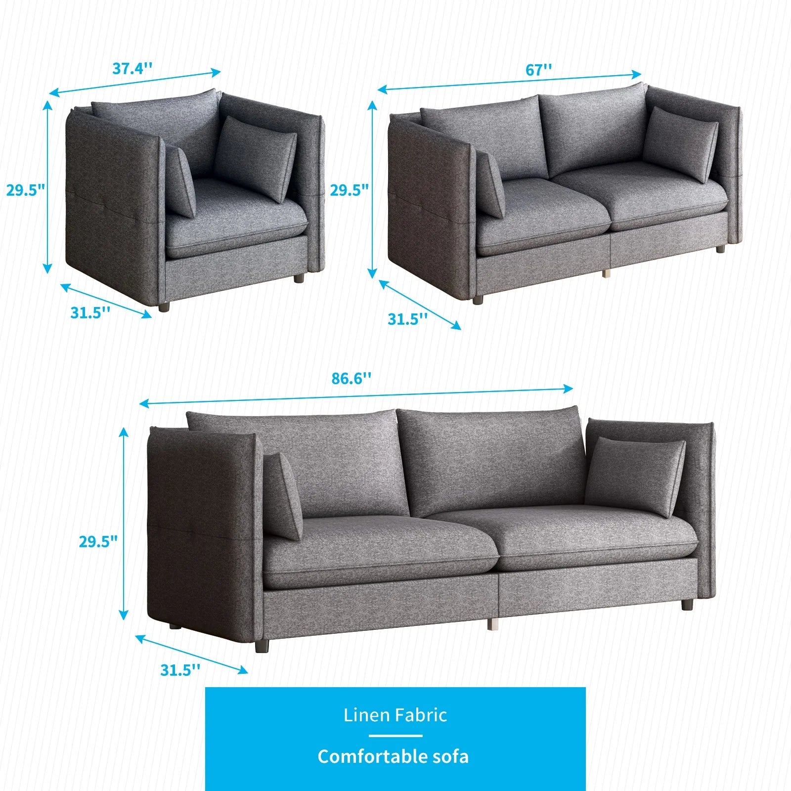 Modern 3 Pieces Linen Fleece Upholstered Sofa Set, Dark Grey A122