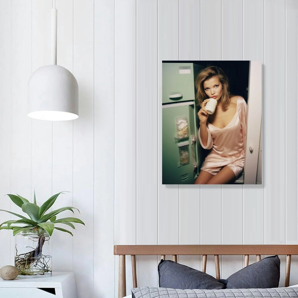 Kate Moss Kneeling in Front of Fridge with Milk Bottle Wall Art Poster Canvas Painting X825944