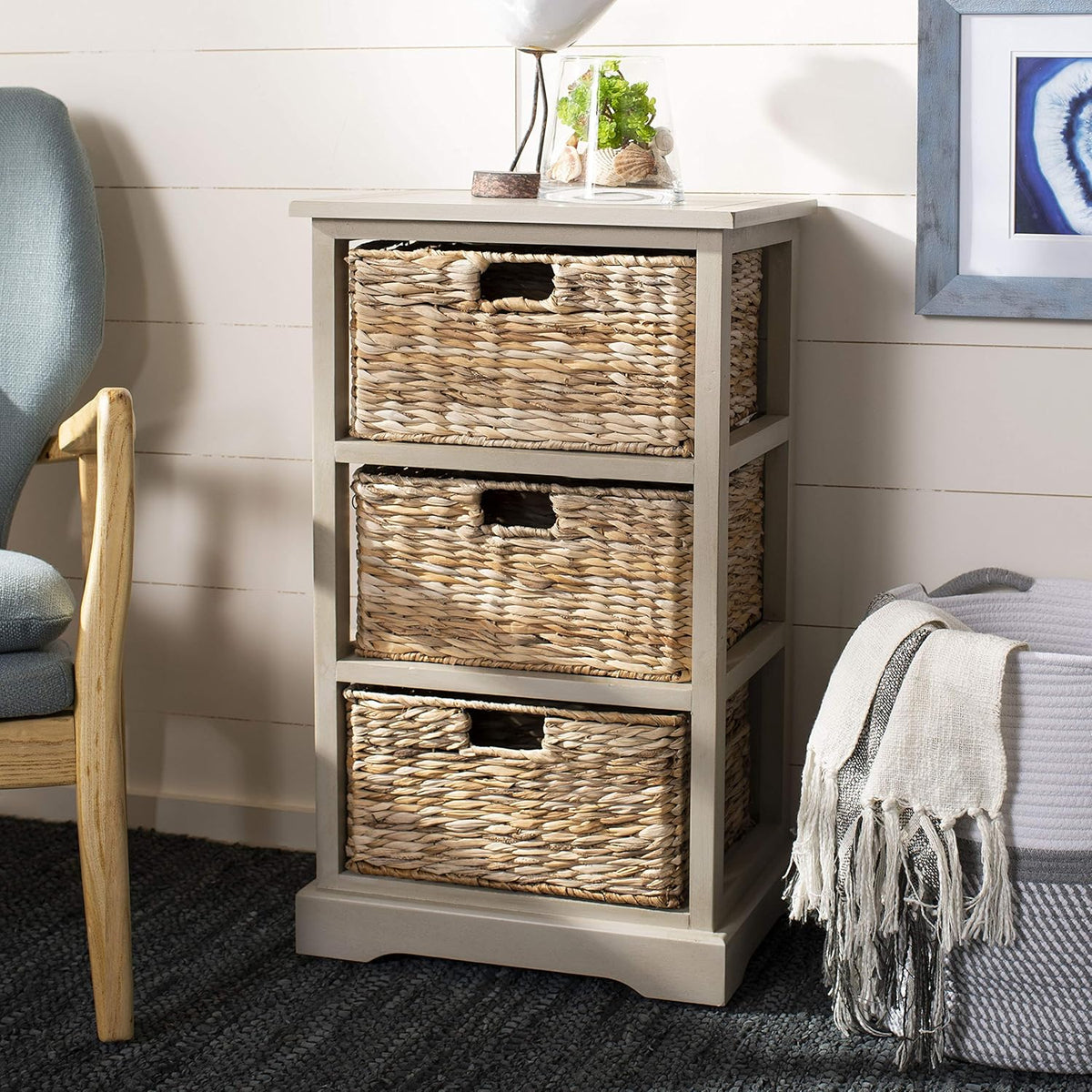 Distressed Black 3 Wicker Basket Storage Side Table C1922