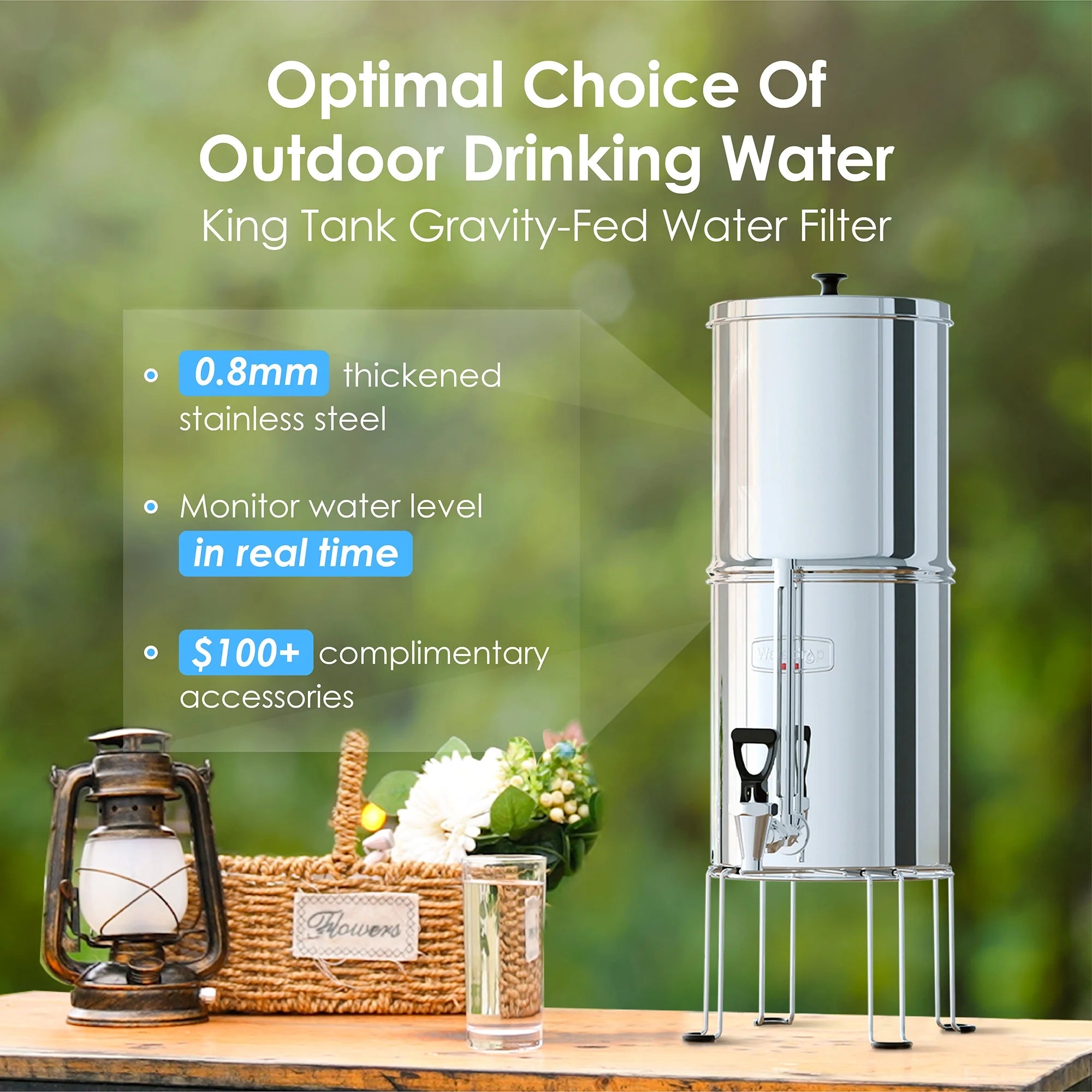 Stainless-steel Gravity-fed Water Filter System with 2 Filters and Stand U85391