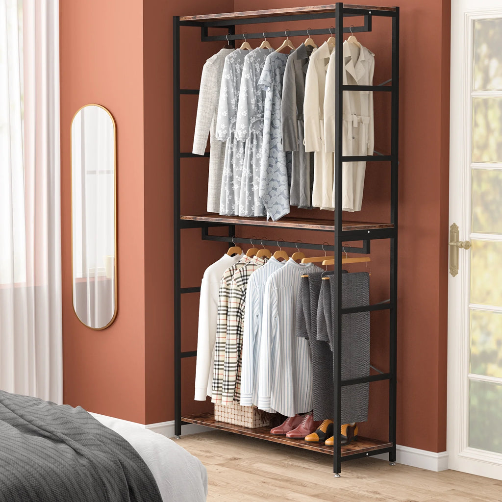 86 inches Double Rod Closet Organizer, Freestanding 3 Tiers Shelves Garment Racks U49108