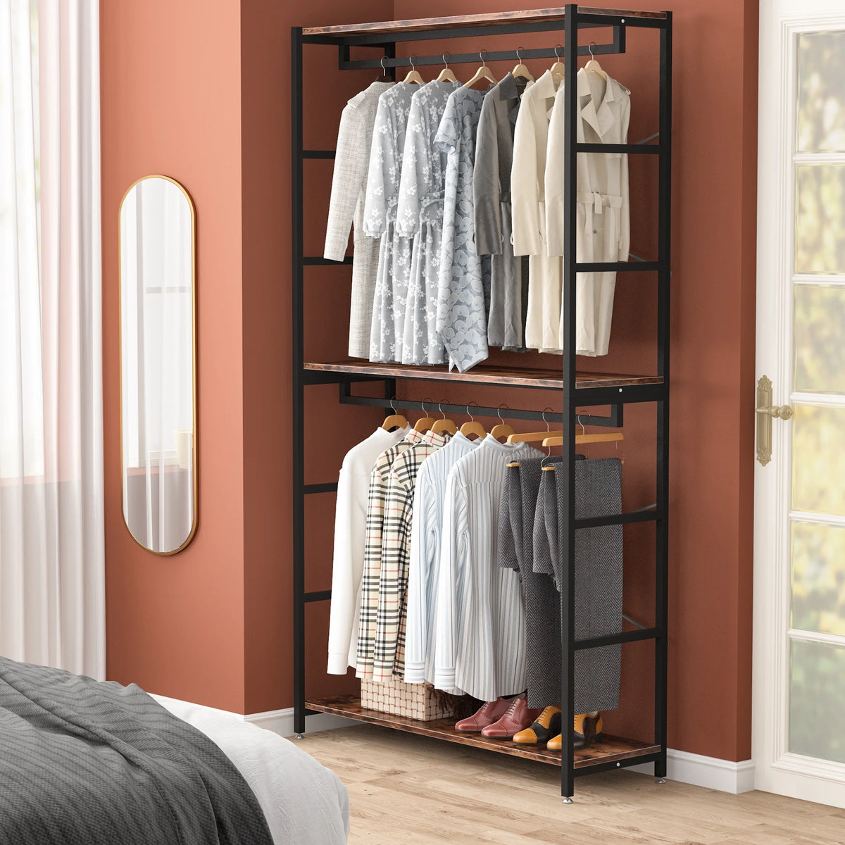 86 inches Double Rod Closet Organizer, Freestanding 3 Tiers Shelves Garment Racks U49108