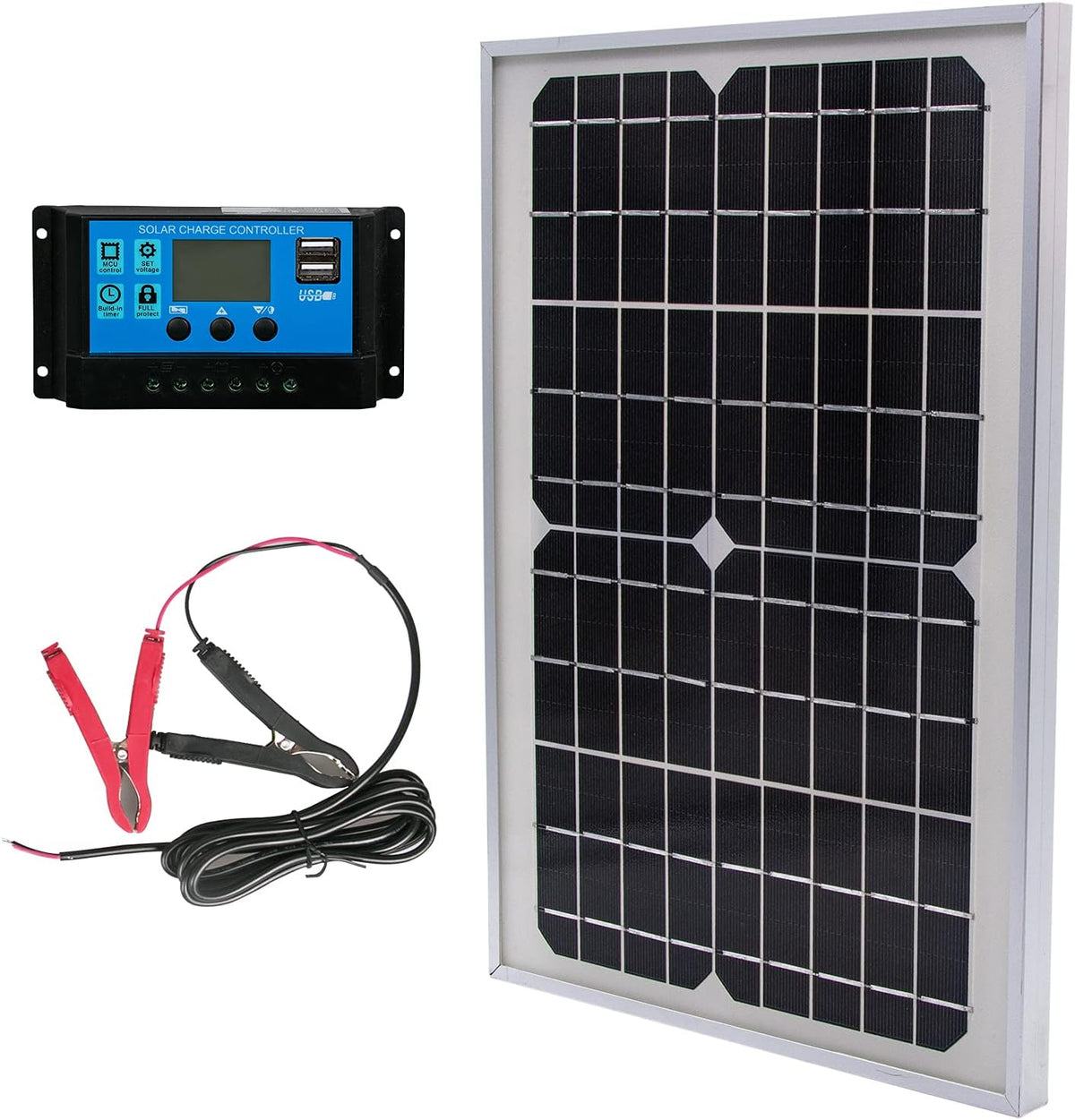 10W 12V Monocrystalline Solar Panel Battery Charger Kit with 10A Charge Controller + Extension Cable V941