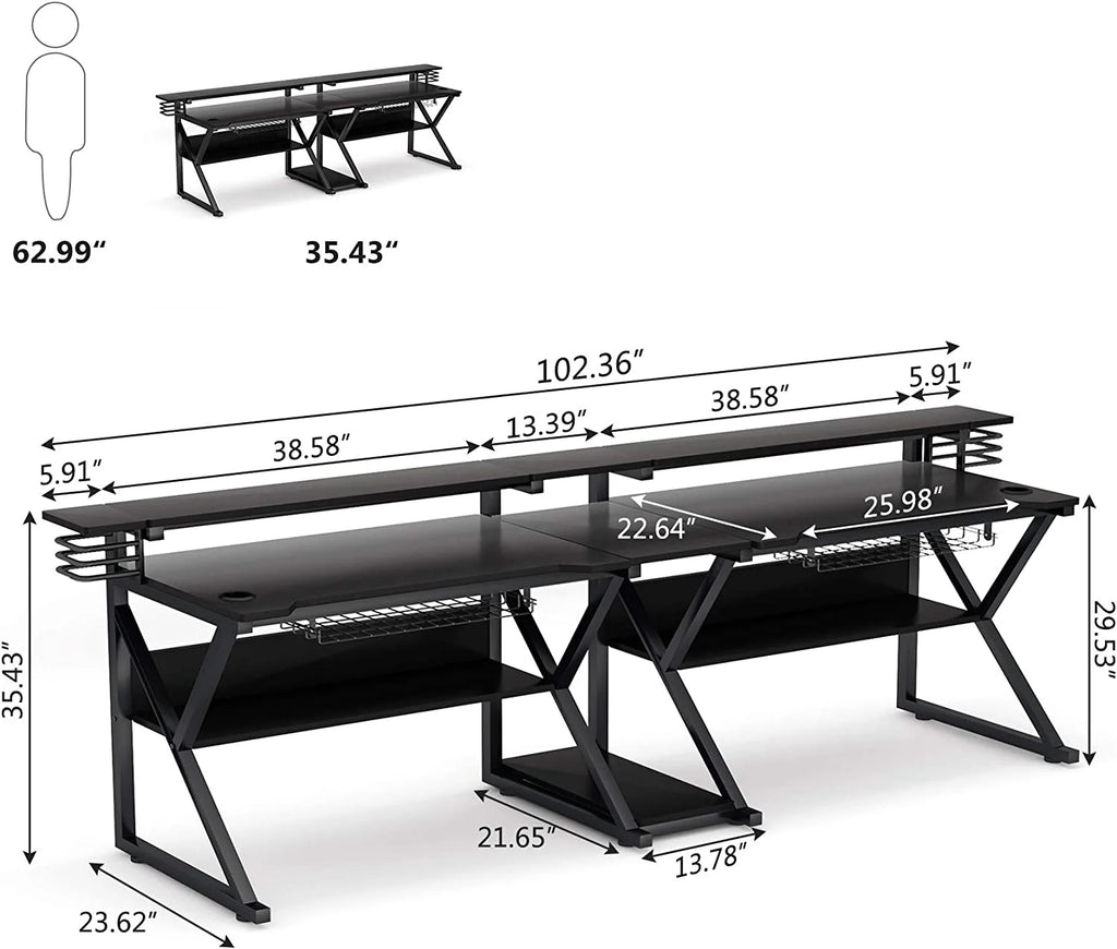 Double Gaming Desk with Hutch Monitor Stand Riser, 102-Inch Two Person Computer Desk with Storage Bookshelf B4359