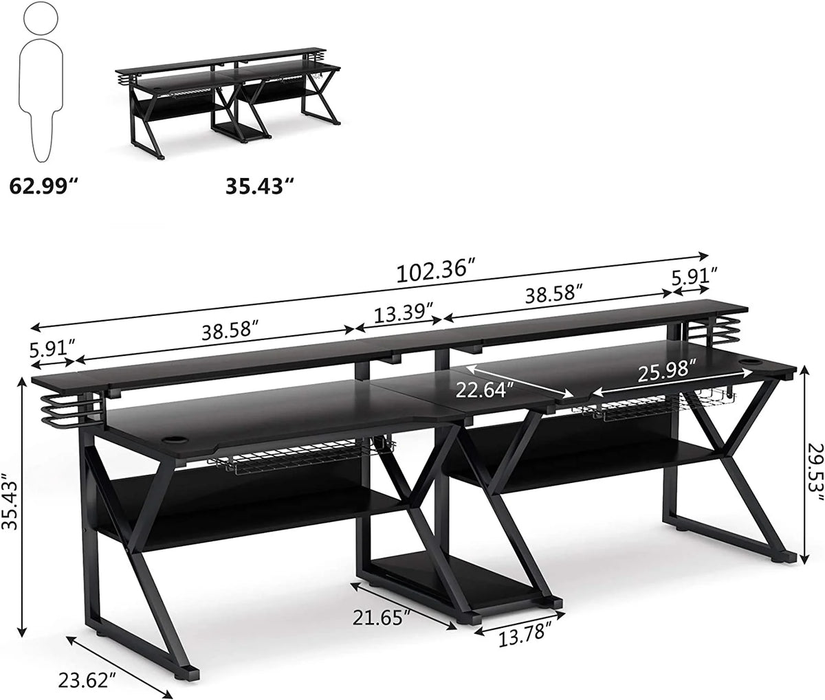 Double Gaming Desk with Hutch Monitor Stand Riser, 102-Inch Two Person Computer Desk with Storage Bookshelf B4359