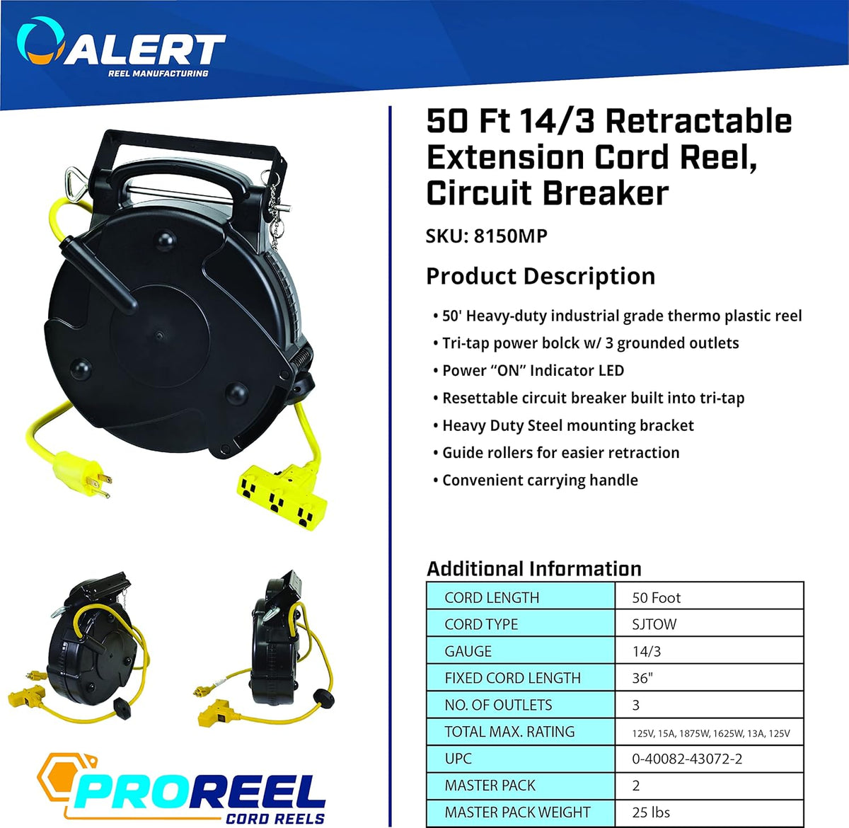 Heavy Duty Industrial Retractable Extension Cord Reel, 50 ft, Black, Yellow M188671