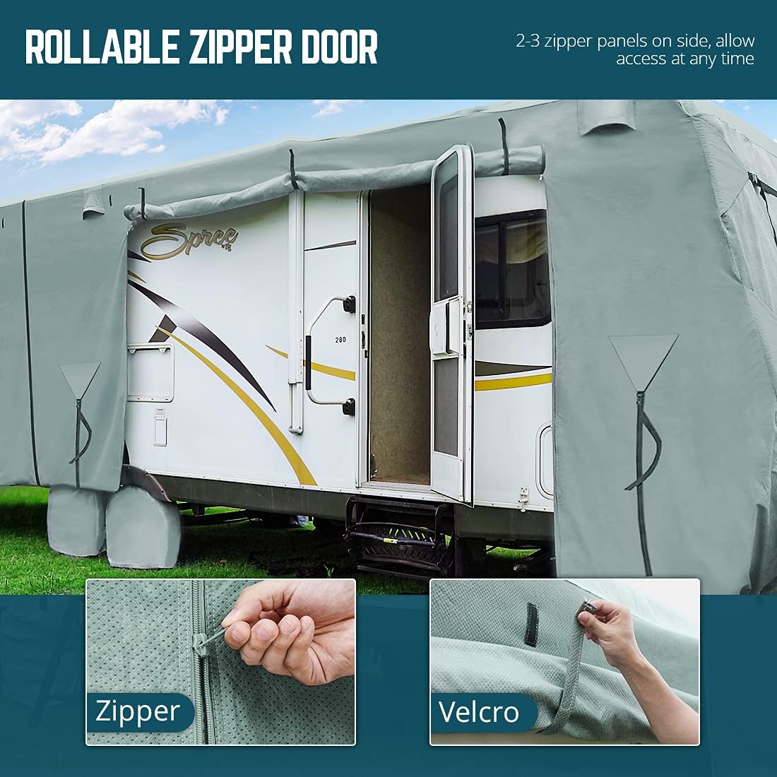 Extra-Thick 4 Layers Travel Trailer RV Cover with 2Pcs Extra Straps & 4 Tire Covers G65614
