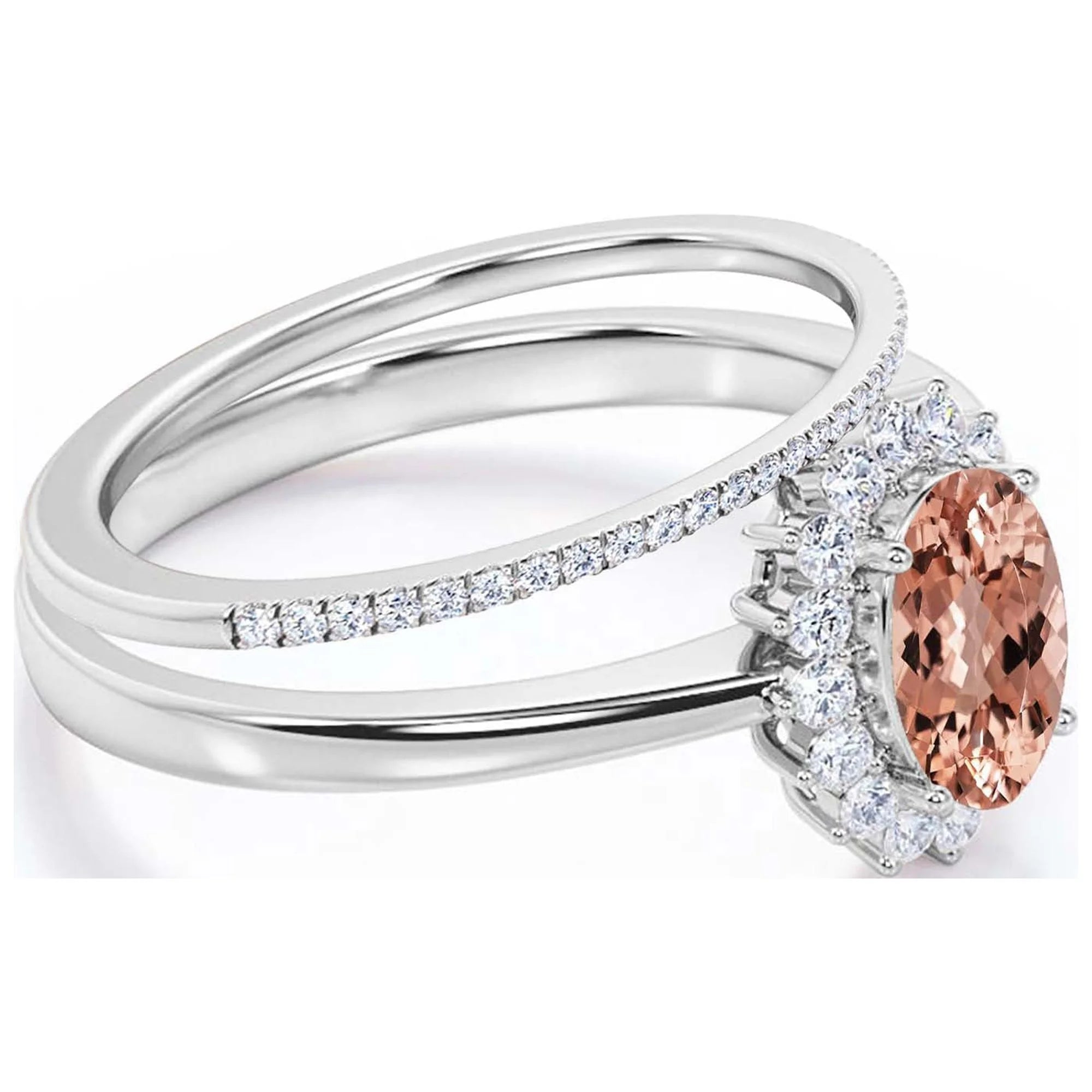 2.00 Carat Oval Morganite And Diamond Moissanite Engagement Ring With Matching Band in 925 Sterling Silver M808