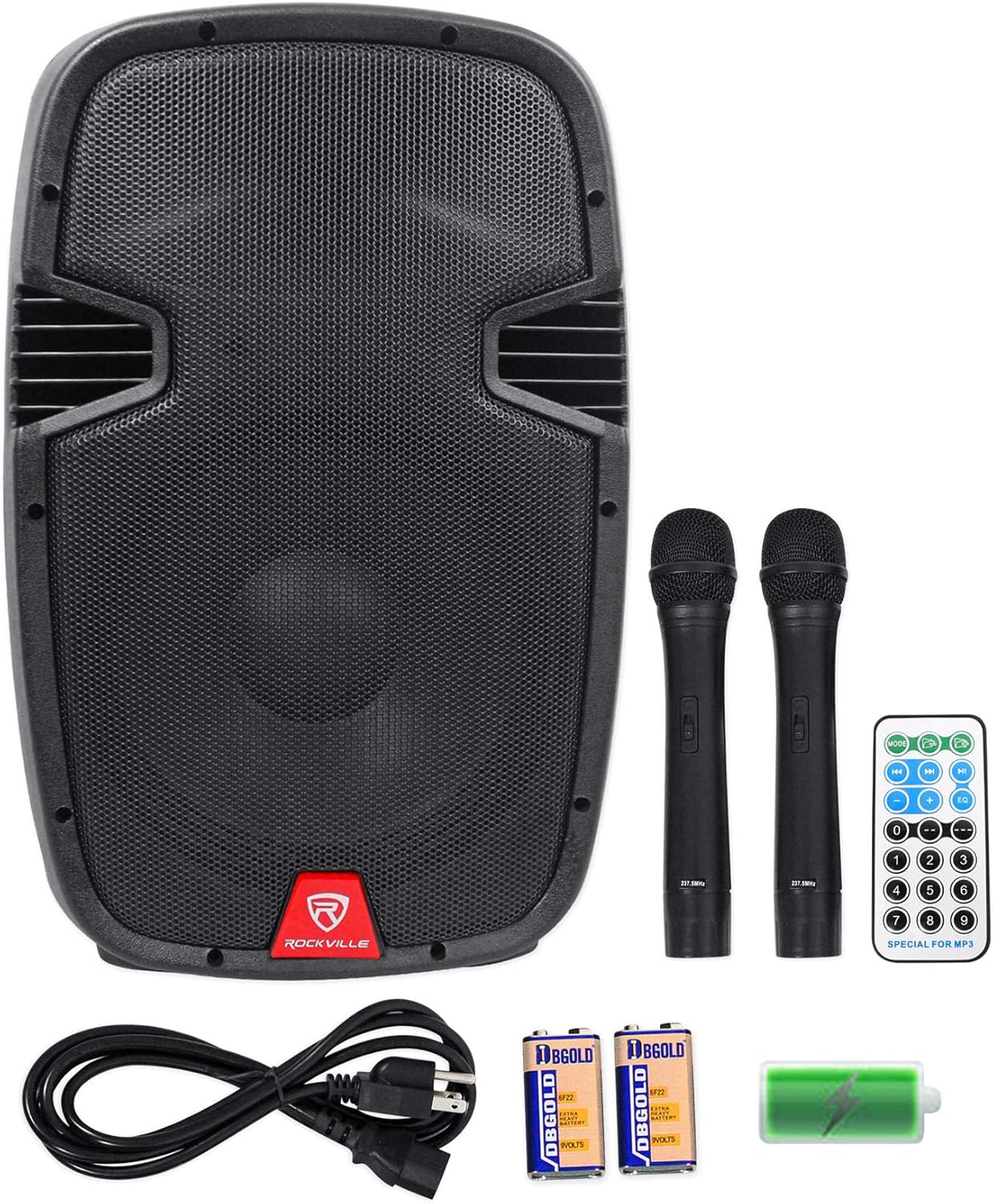 12" Rechargeable Powered 600W PA Speaker with 2 Mics and Bluetooth K5975