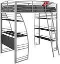 Gray Metal Frame Twin Loft Bed with Desk and Bookcase J7309